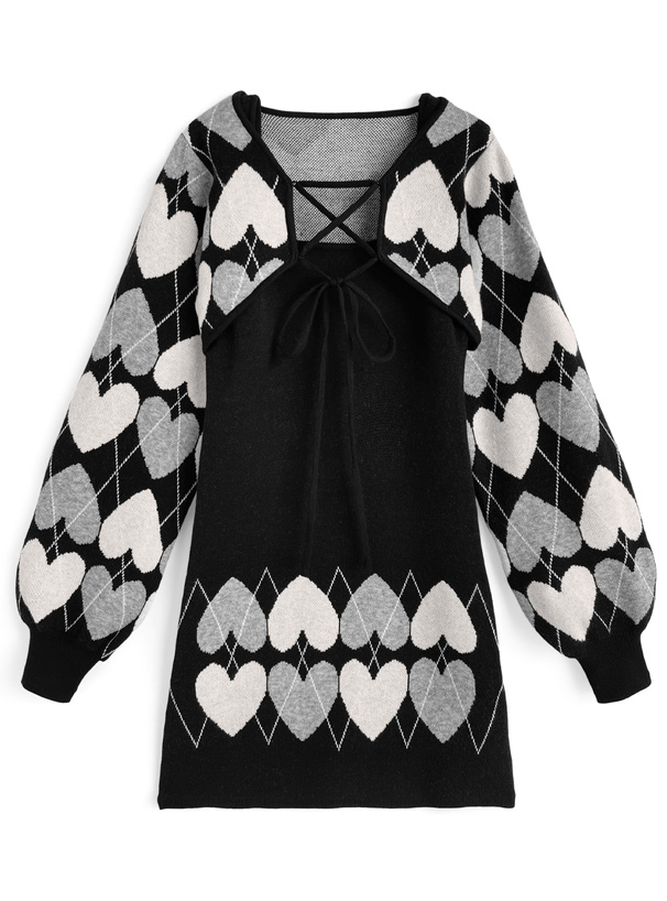 アーガイル柄レースアップボレロ×ミニワンピースニットアンサンブル[za025]
