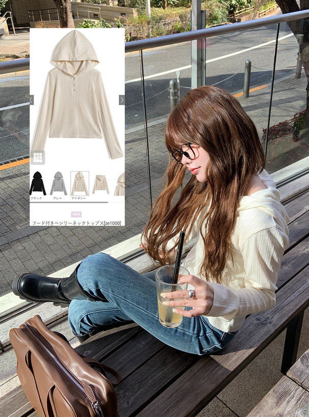 フード付きヘンリーネックトップス
