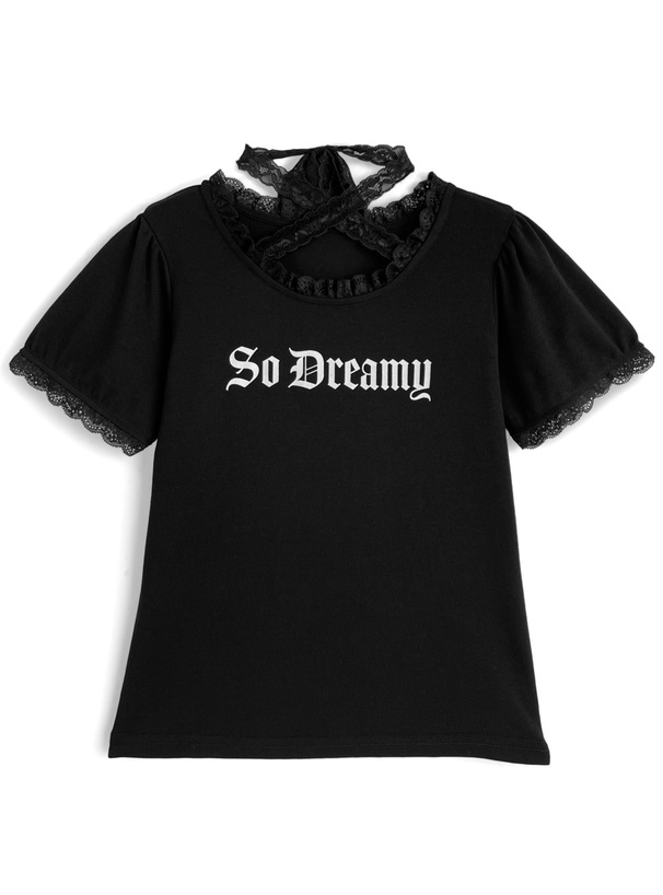 クロスネックレースロゴプリントTシャツ