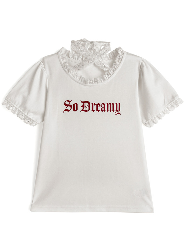 クロスネックレースロゴプリントTシャツ