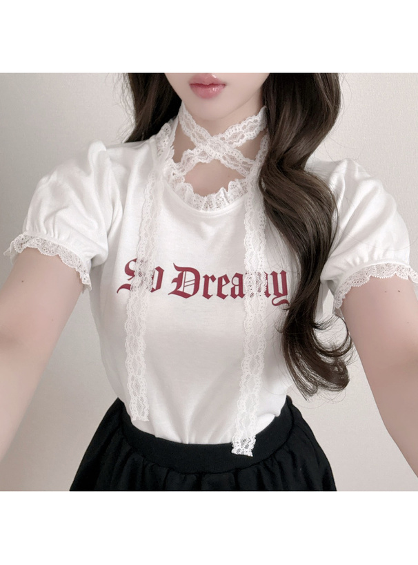 クロスネックレースロゴプリントTシャツ