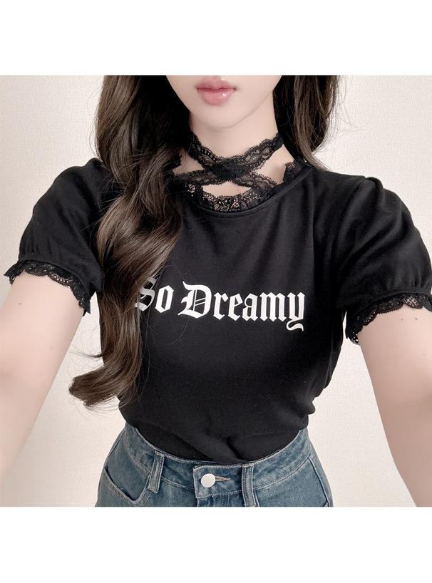 クロスネックレースロゴプリントTシャツ