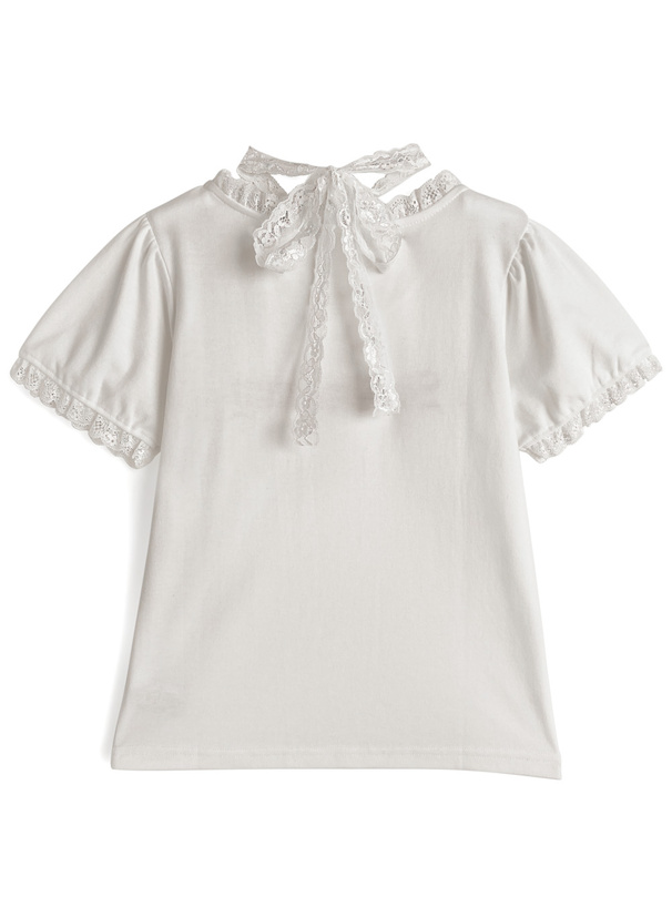クロスネックレースロゴプリントTシャツ
