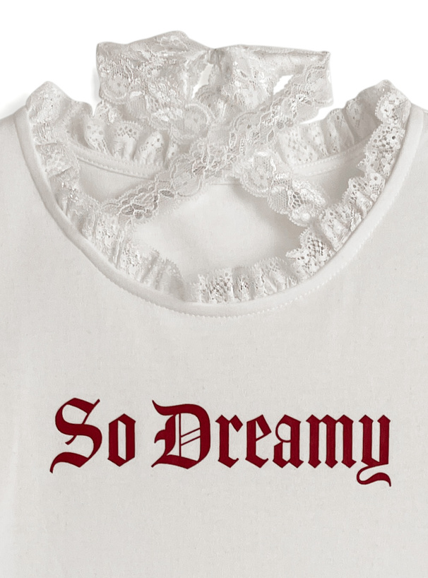 クロスネックレースロゴプリントTシャツ