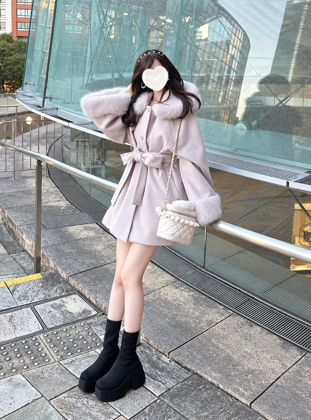 リボンベルト付きファーフードコート