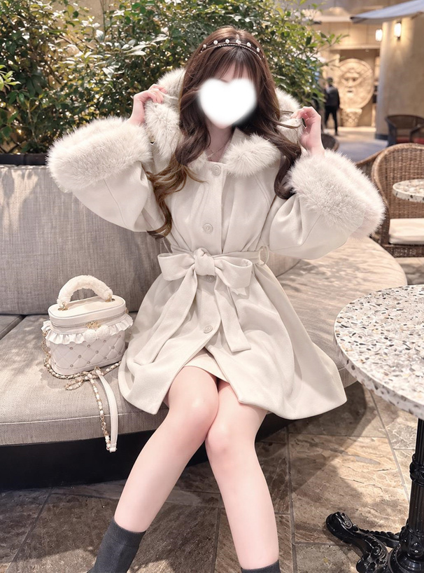 リボンベルト付きファーフードコート