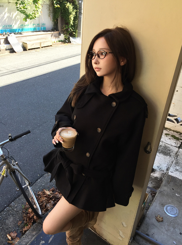 襟2Wayリボンベルト付きダブルボタンフェイクウールコート