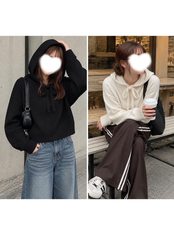 フード付きリボンニットトップス