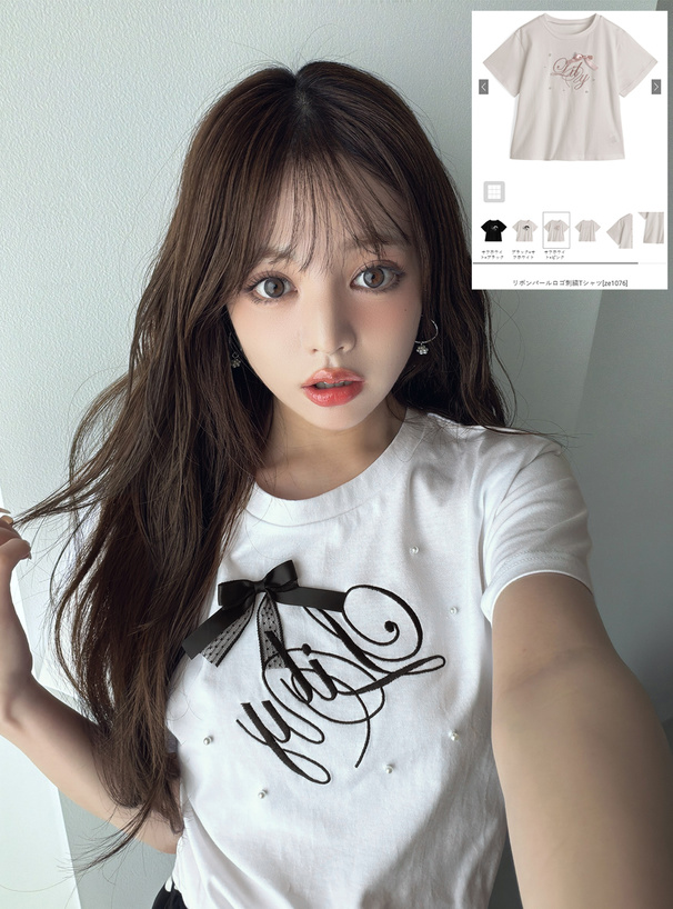 リボンパールロゴ刺繍Tシャツ