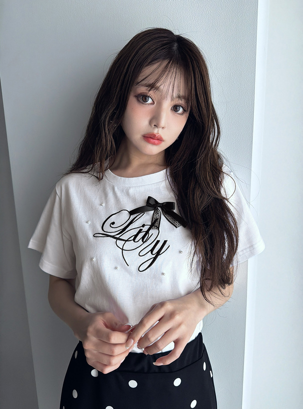 リボンパールロゴ刺繍Tシャツ