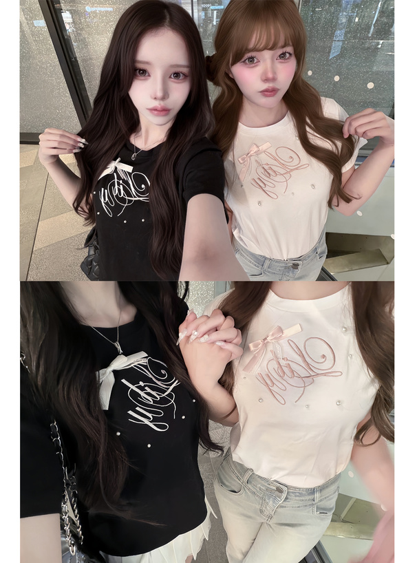 リボンパールロゴ刺繍Tシャツ