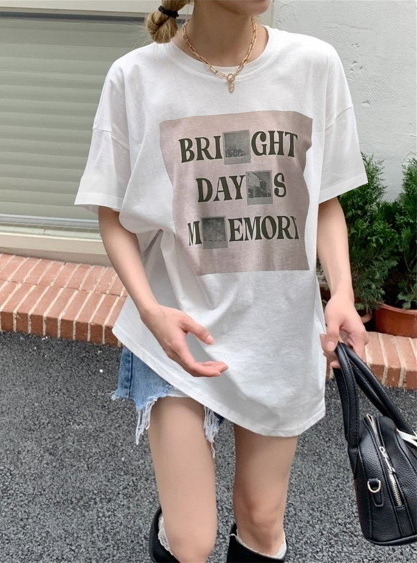 ロゴプリントドロップショルダーTシャツ[ze692]
