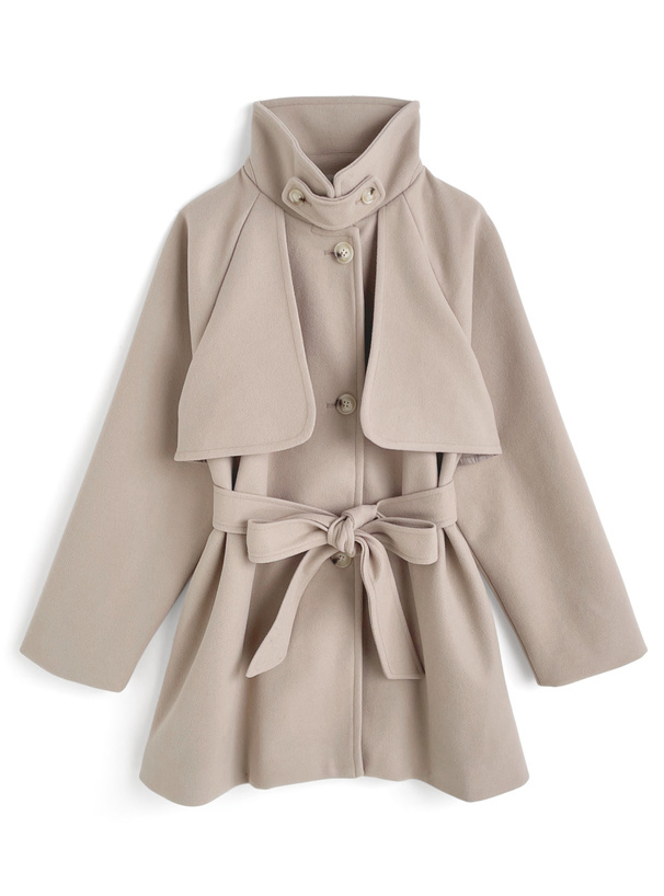 リボンベルト付きスタンドカラーミドル丈コート[ze909
