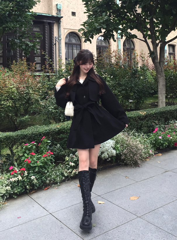 リボンベルト付きスタンドカラーミドル丈コート[ze909] | レディース