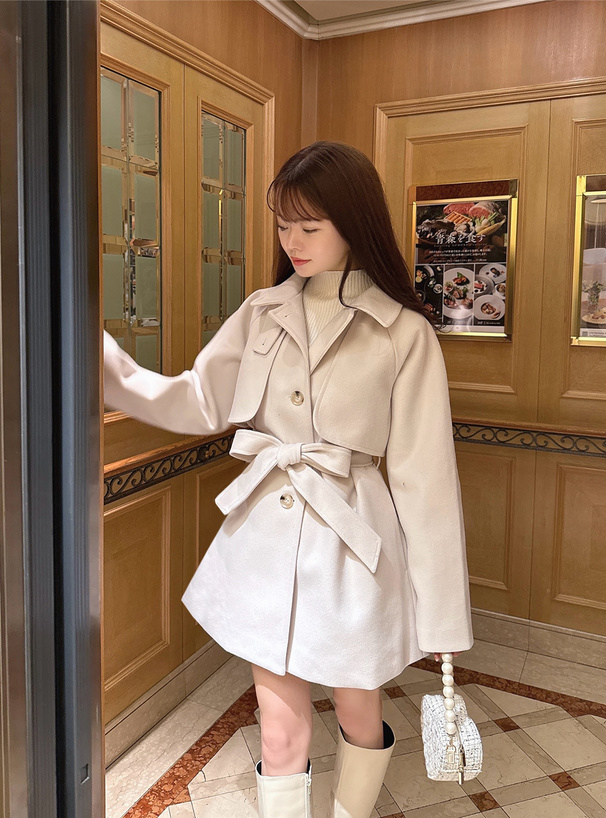 リボンベルト付きスタンドカラーミドル丈コート[ze909] | レディース