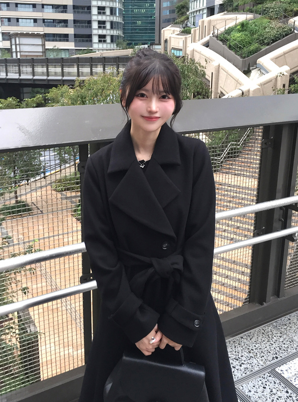 黒 ロングコート ベルト付き　Drawer ベルト付ダブルロングトレンチコート | レディースファッション通販