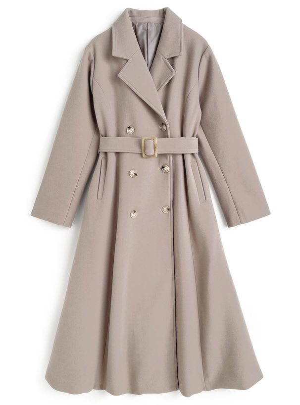 ベルト付きフェイクウールフレアロングコート[ze936] | レディース