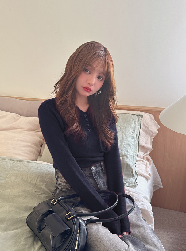 ダブルカラーリブニットトップス