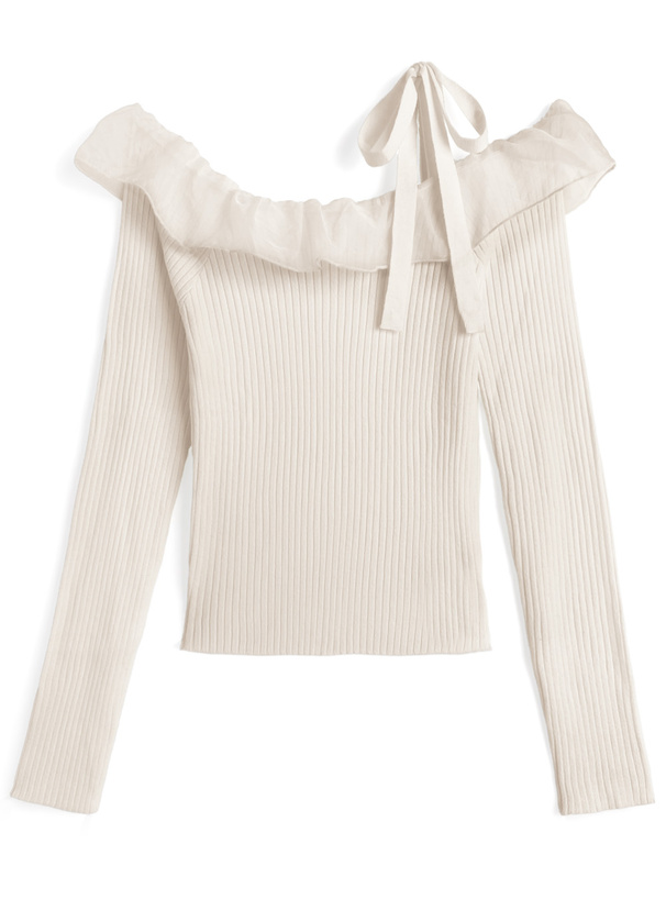 オーガンジーフリルリボンリブニットトップス[ze946] | レディース