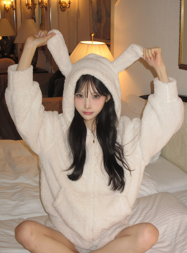 犬耳ふわふわパーカー×ショートパンツセットアップ[ze959