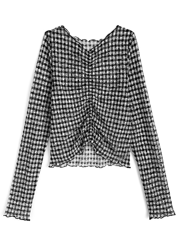ギンガムチェック柄シアーシャーリングトップス[ze961
