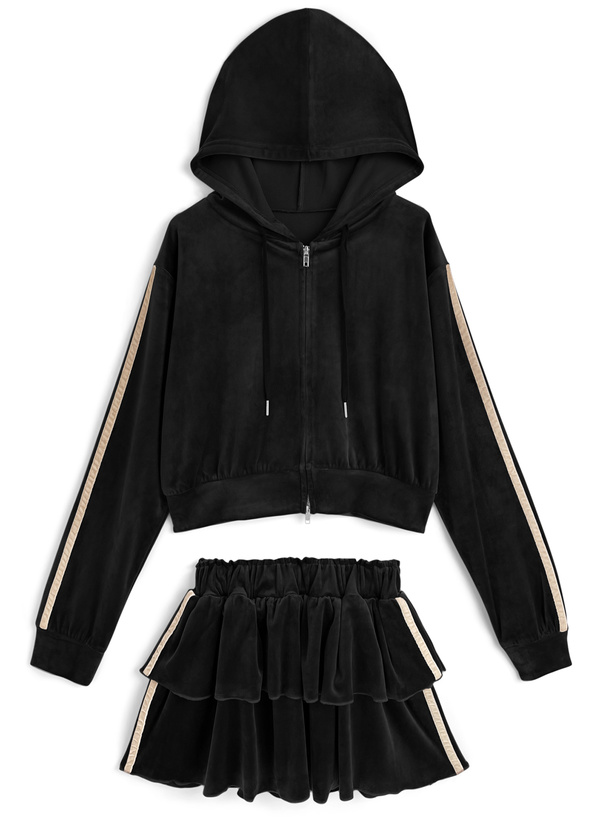 サイドラインダブルジップパーカー×ティアードミニスカートベロア