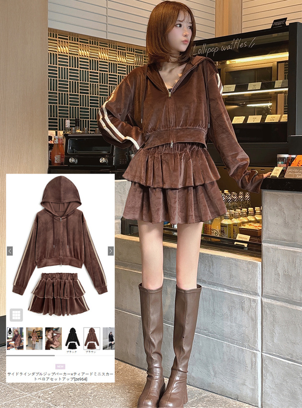 サイドラインダブルジップパーカー×ティアードミニスカートベロア