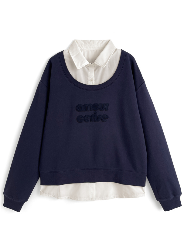 シャツレイヤード風ロゴスウェットトップス