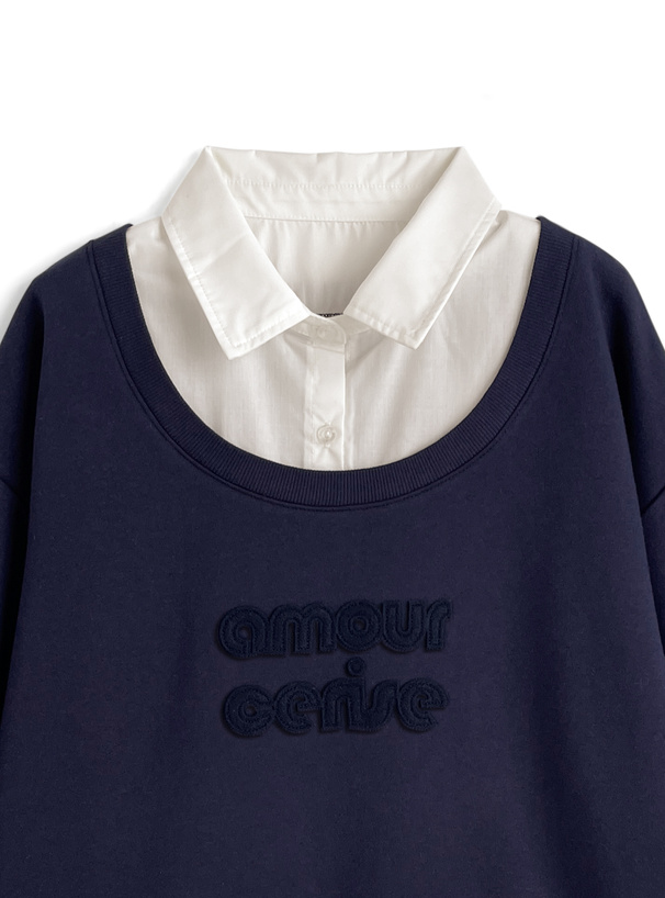 シャツレイヤード風ロゴスウェットトップス