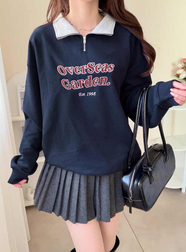 配色カラーハーフジップロゴ刺繍スウェットトップス[ze987