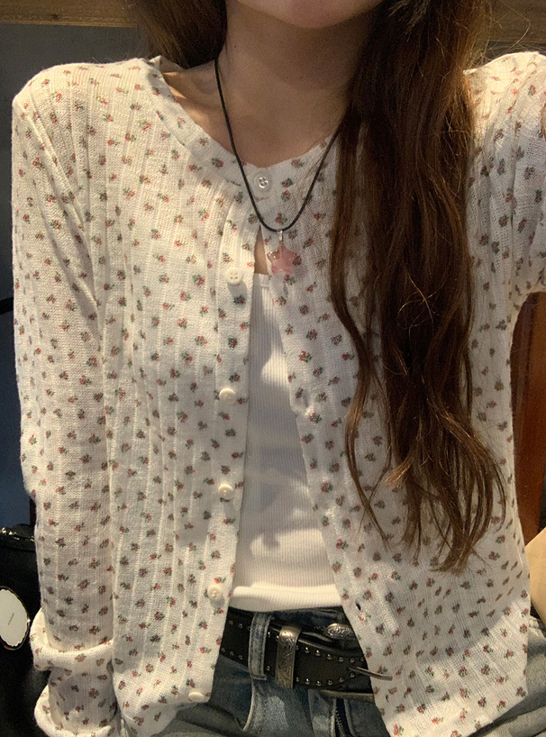 小花柄透かし編みカーディガン×キャミソールアンサンブル