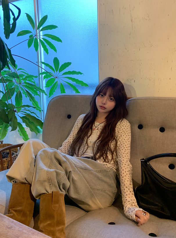 小花柄透かし編みカーディガン×キャミソールアンサンブル