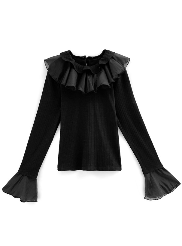 美品✨M'S GRACY フリルシアースリーブ 半袖ニットカットソー L フリルヨークシアースリーブリブトップス[zi455] | レディース