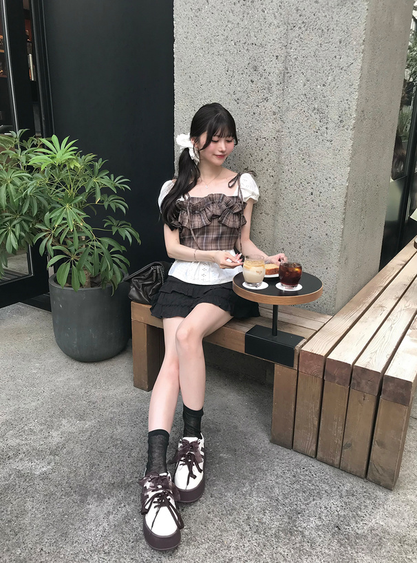 リボンストラップチェック柄フリルビスチェ[zi466] | レディース