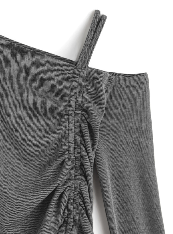 ドロストリボンワンショルダーリブトップス