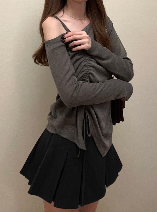 ドロストリボンワンショルダーリブトップス