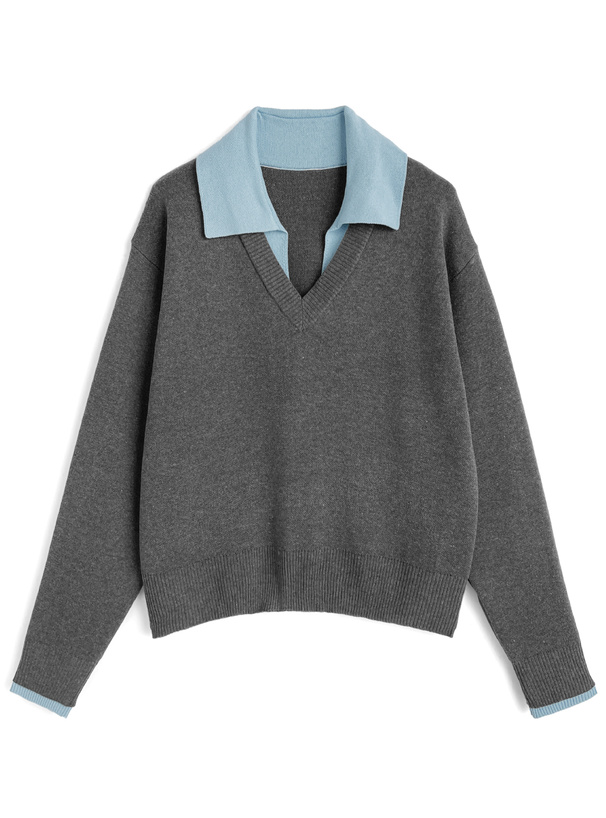 配色レイヤード風スキッパーニットトップス[zi476]