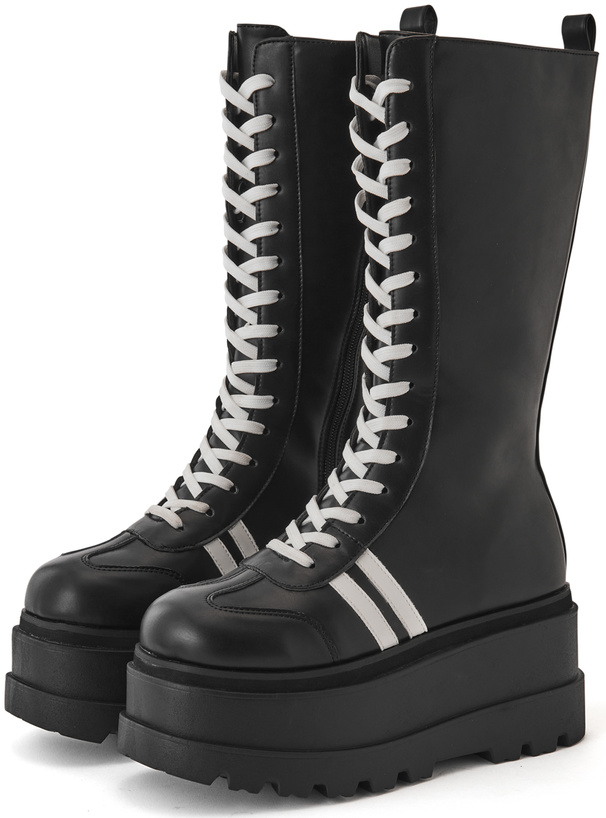 配色ラインレースアップ厚底ロングブーツ[zr1401]