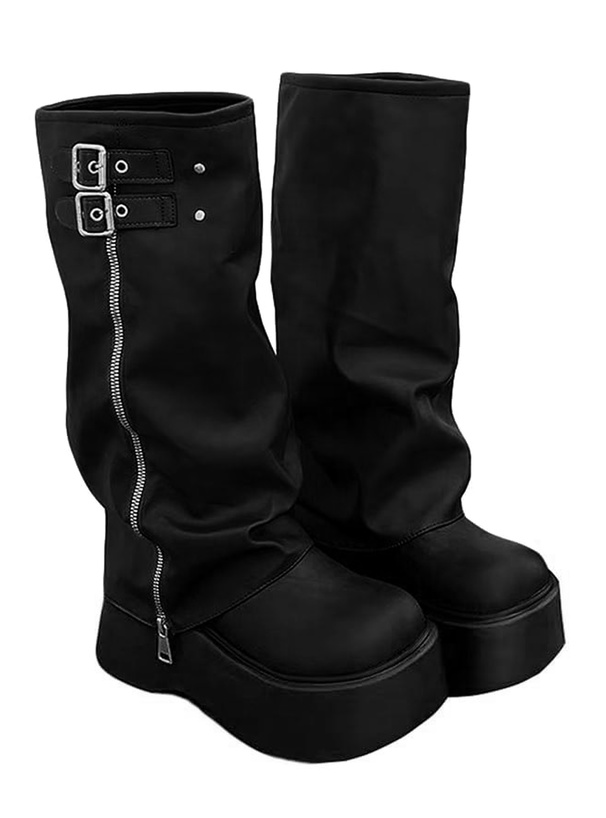 ダブルベルトジップカバー厚底ロングブーツ[zr1412