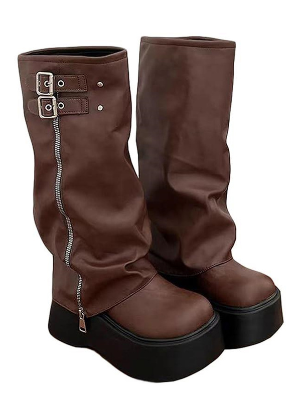 ダブルベルトジップカバー厚底ロングブーツ