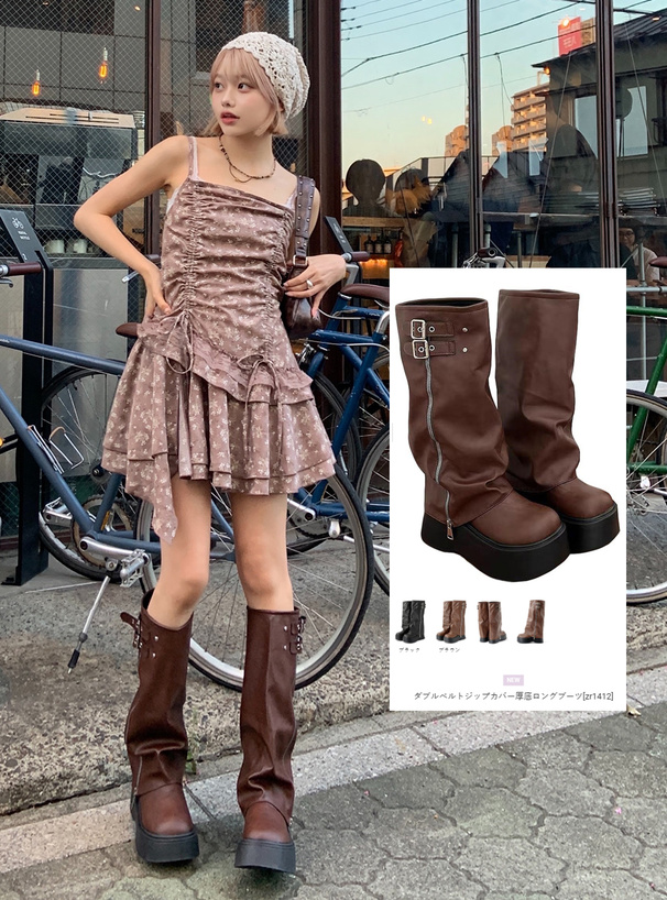 ダブルベルトジップカバー厚底ロングブーツ