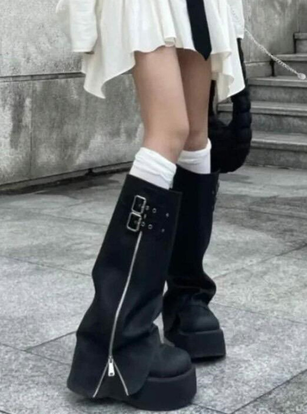 ダブルベルトジップカバー厚底ロングブーツ