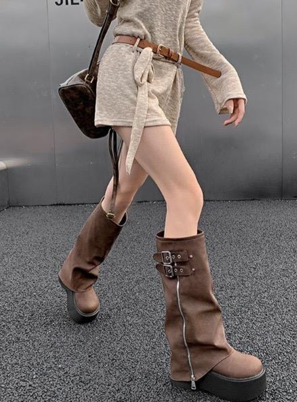 ダブルベルトジップカバー厚底ロングブーツ