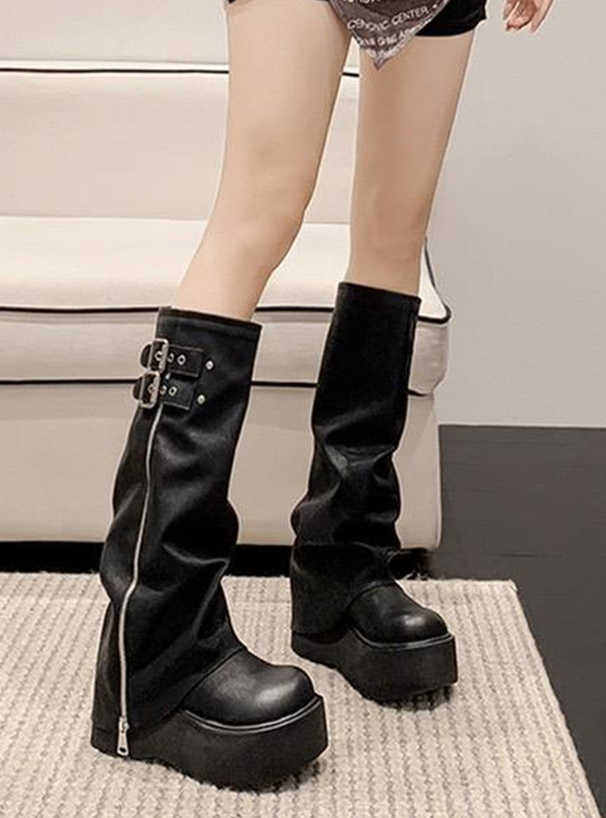 ダブルベルトジップカバー厚底ロングブーツ