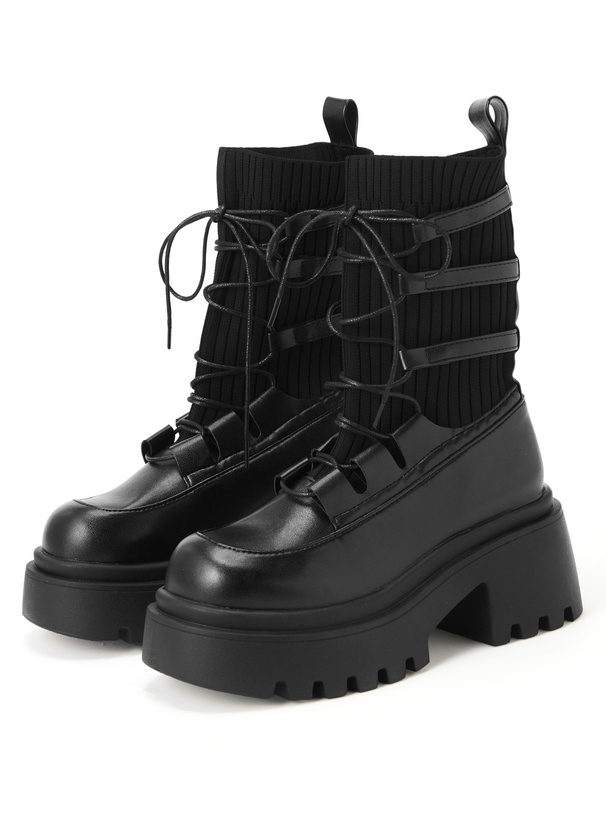 厚底レースアップリブニットミドルブーツ