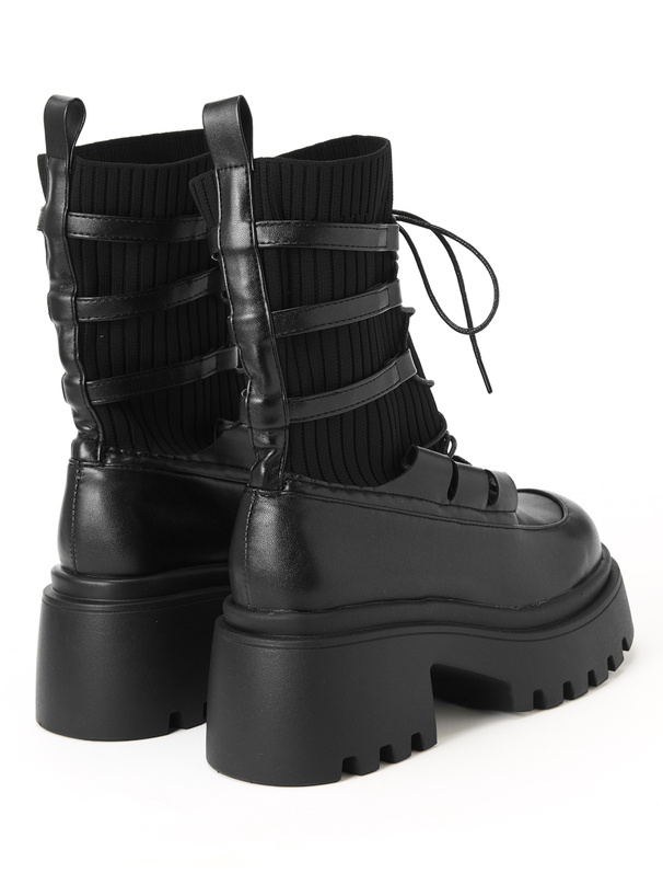 厚底レースアップリブニットミドルブーツ