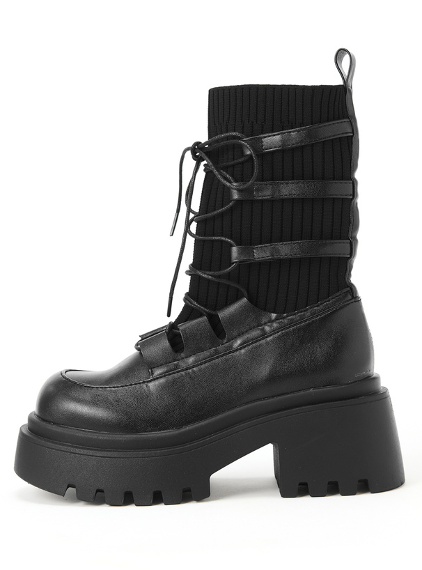 厚底レースアップリブニットミドルブーツ