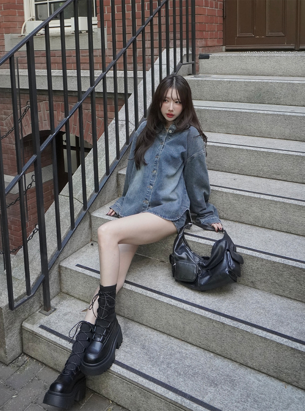 厚底レースアップリブニットミドルブーツ