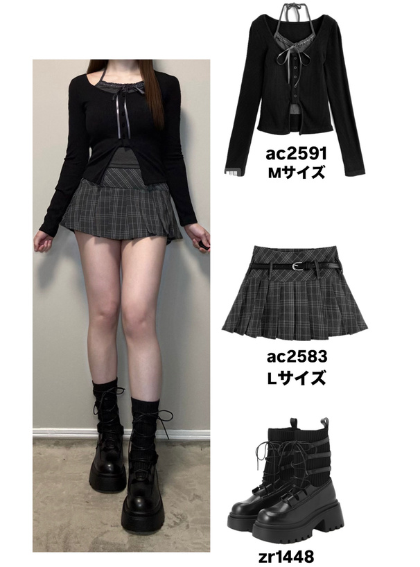 厚底レースアップリブニットミドルブーツ