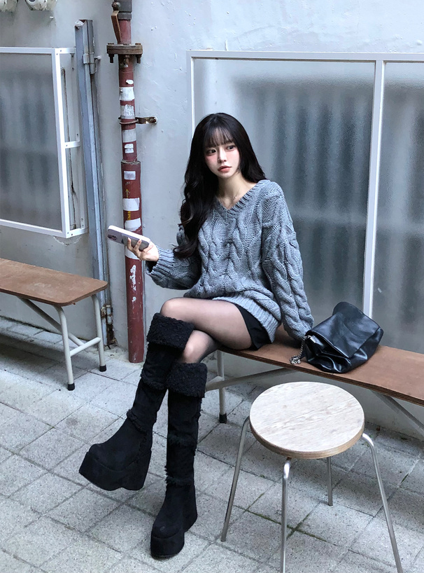 厚底ムートンニーハイブーツ